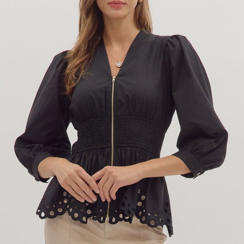 ENTRO BLACK SMOCKED WAIST EYELET HEM TOP